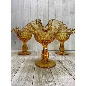 Vtg Fenton Amber Gold Thumbprint Compote Bowl Candy Dish Pedestal 70s Set of 3